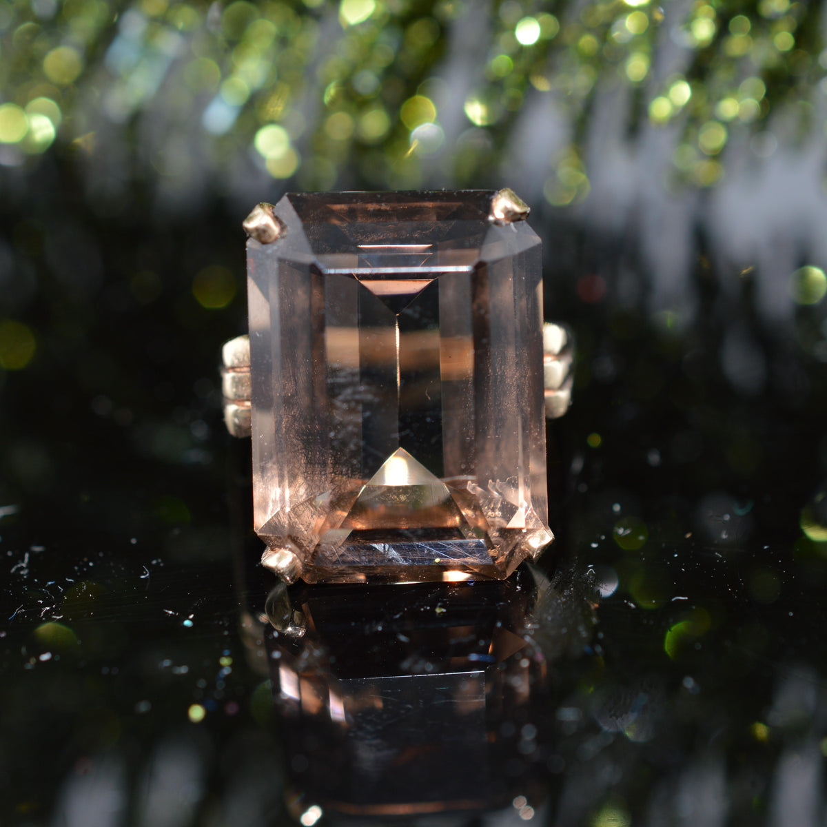 Large 14K Yellow Gold Vintage Emerald Cut Smoky Quartz Ring