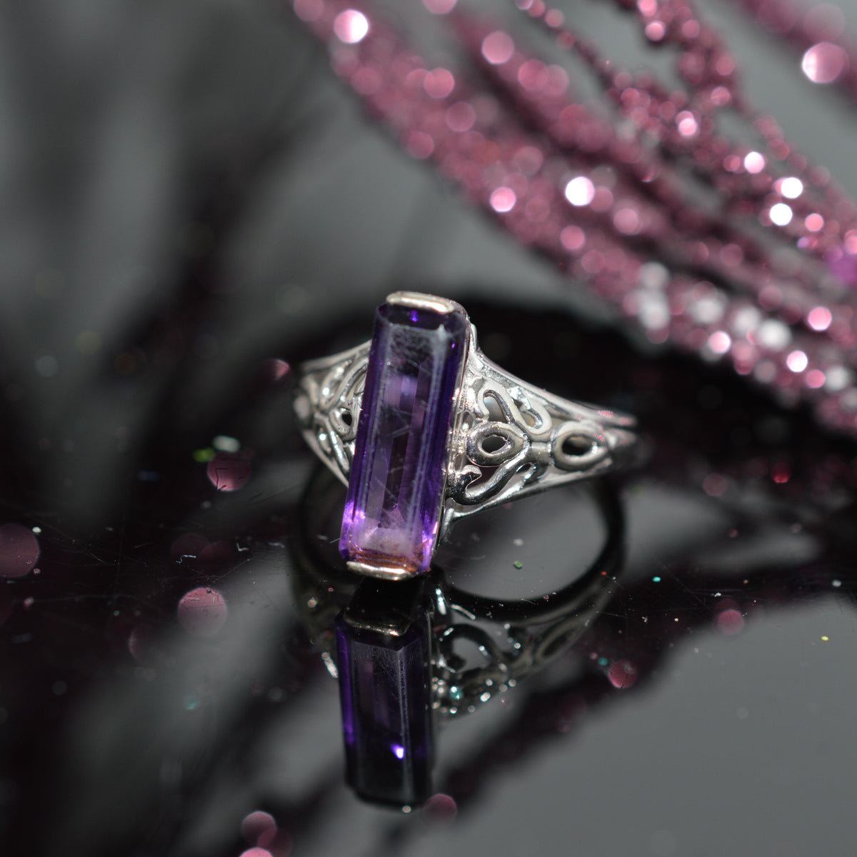 14K White Gold Ring With Long Baguette Cut Amethyst