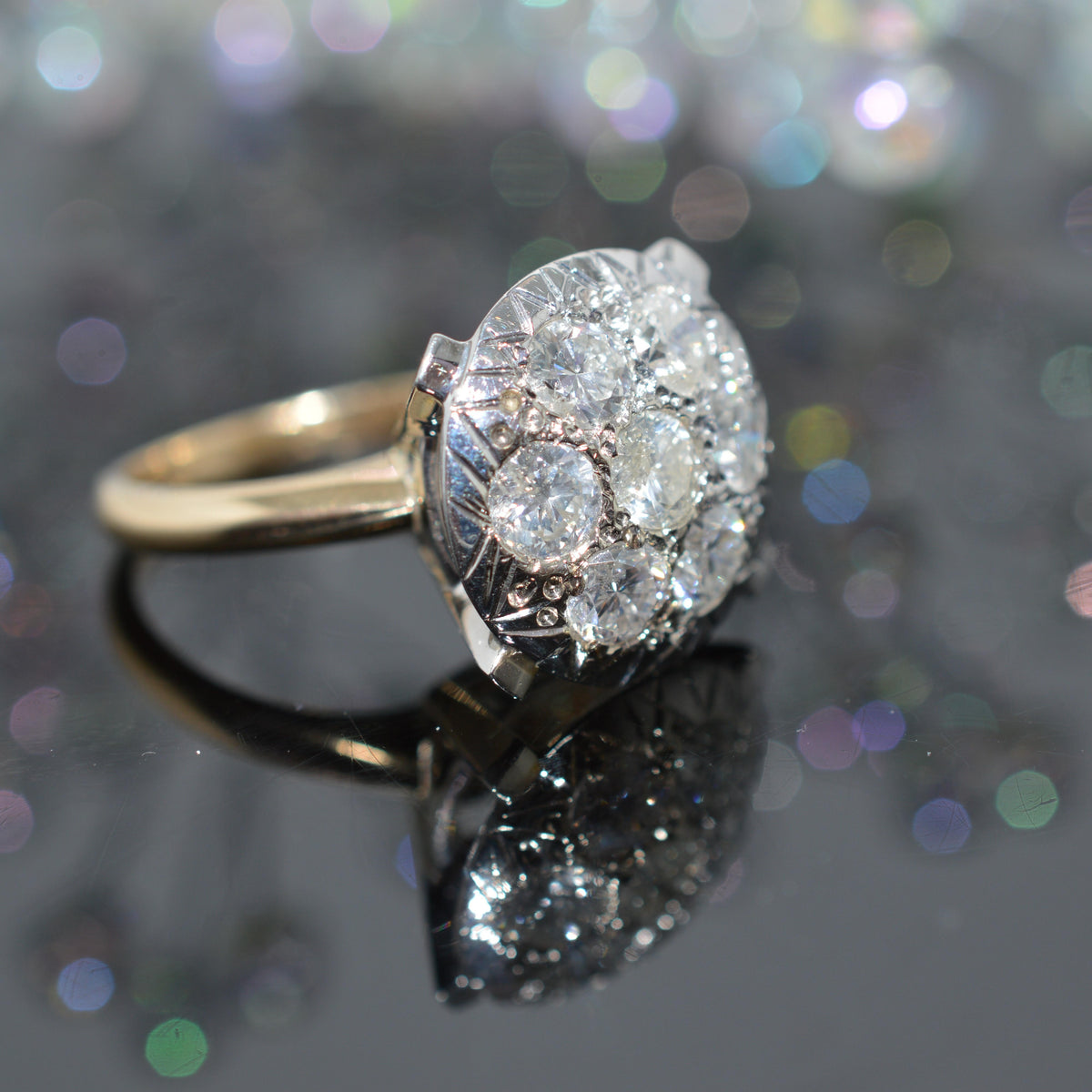 Large 14K Two Tone Gold Round 7 Diamond Cluster Ring