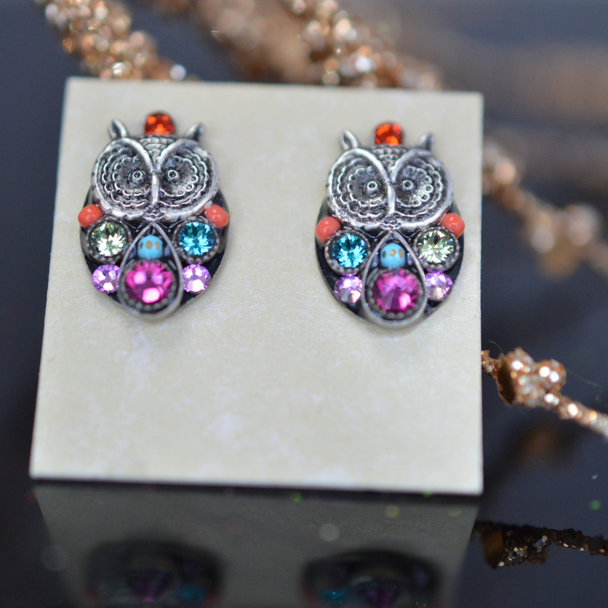 Antique Silver Plated Owl Stud Multi-Color Crystal Earrings by Firefly