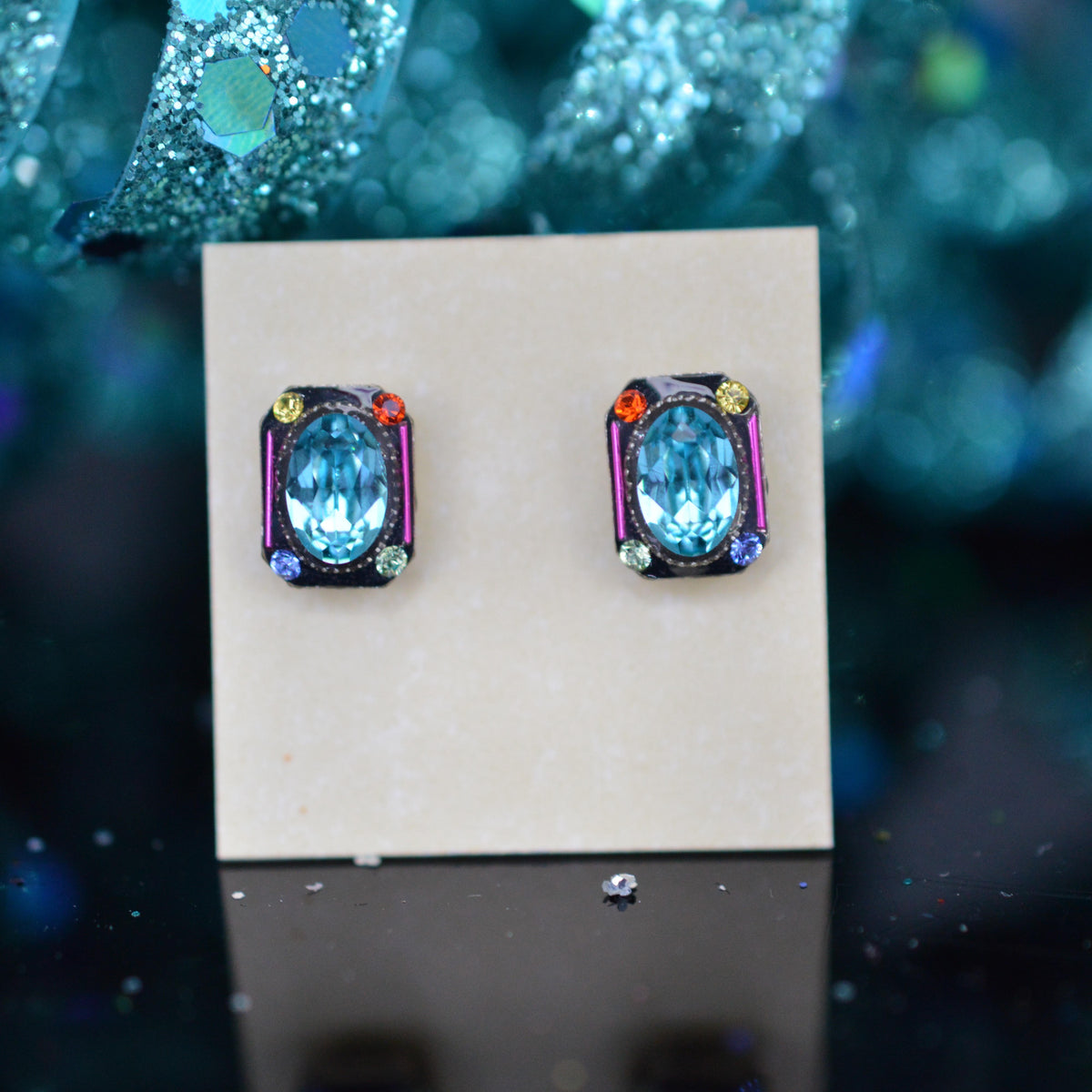 Antique Silver Plated Rectangular Stud Earrings With Oval Multi-Color Crystals by Firefly