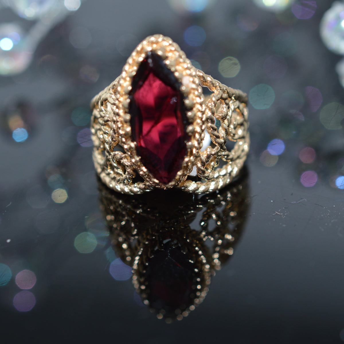 14K Yellow Gold Marquise Cut Garnet Filigree Ring