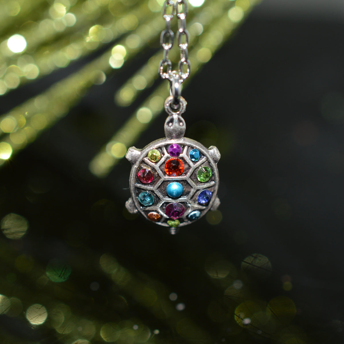 Antique Silver Plated Turtle Crystal Pendant by Firefly