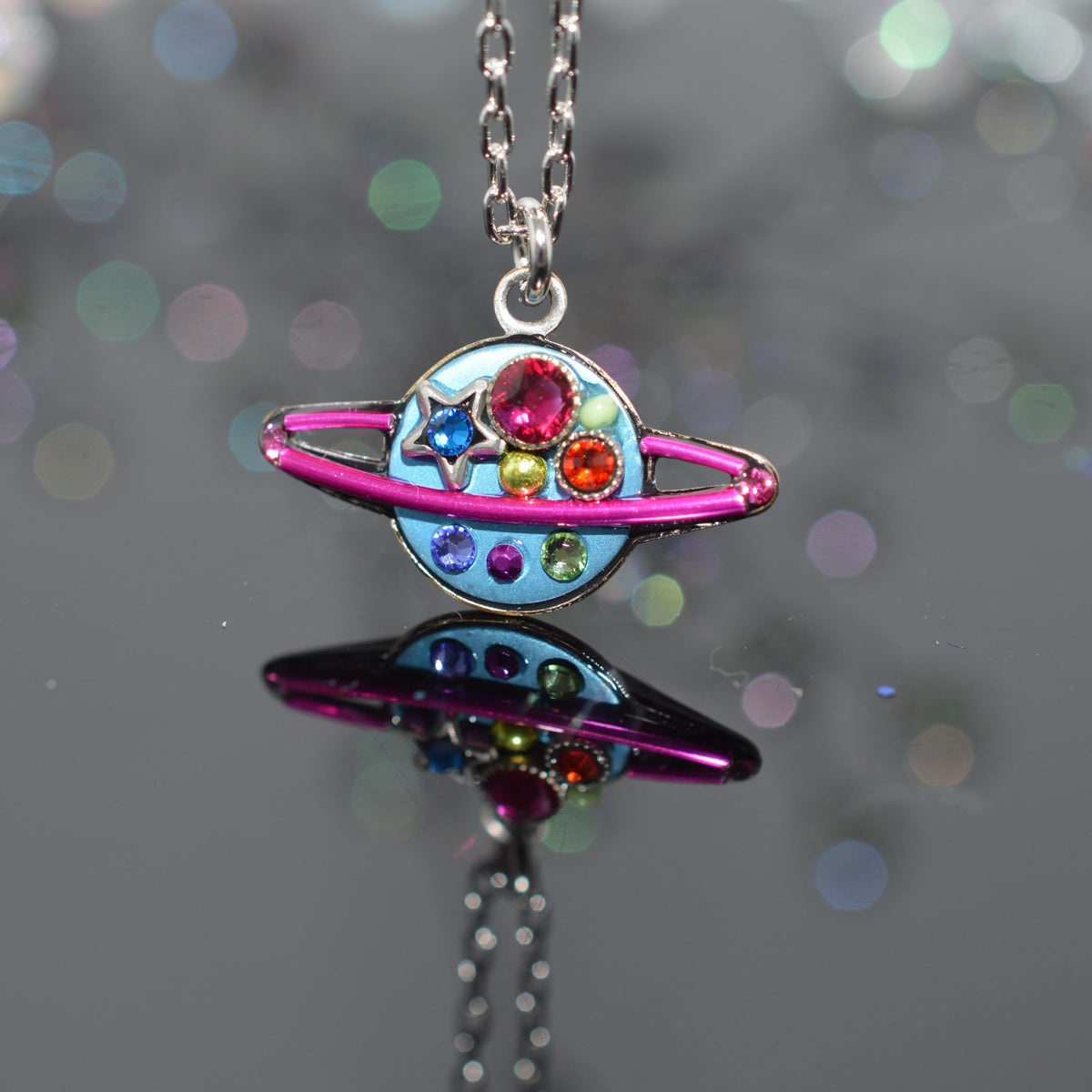 Antique Silver Plated Multi-Colored Crystal Saturn Pendant by Firefly