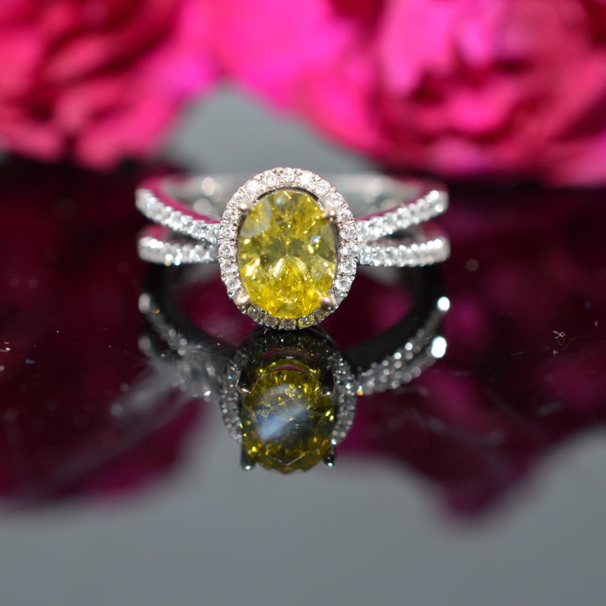 18K White Gold Split Shank Diamond Ring With Oval Yellow Diamond