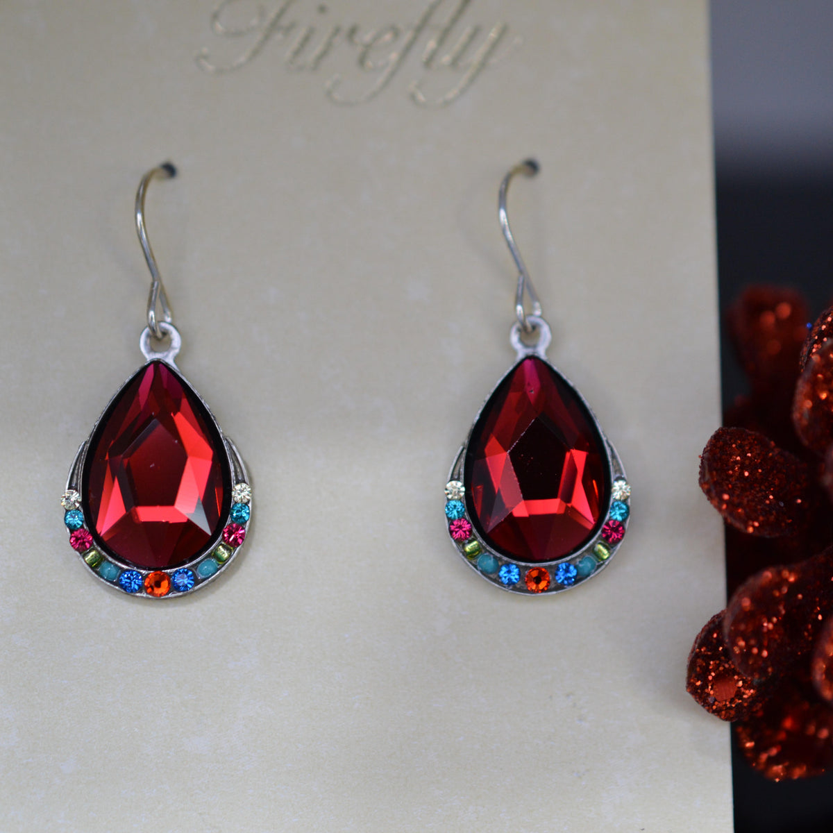 Antique Silver Plate Elizabeth Teardrop Earrings With Multi-Color Crystals By Firefly