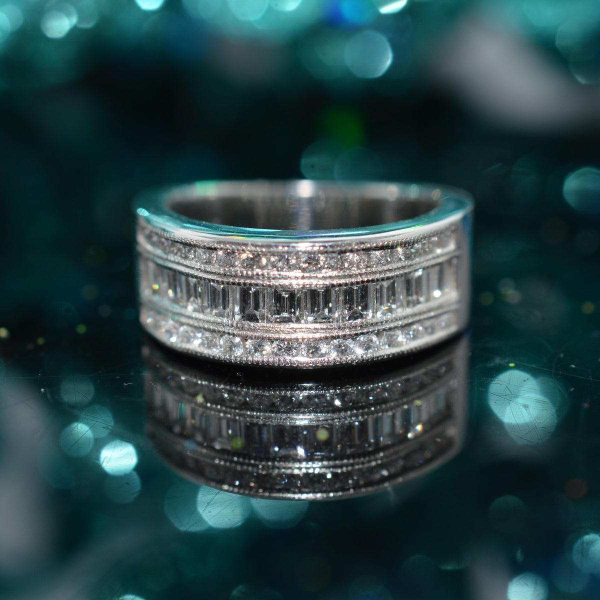 Heavy &amp; Wide Platinum 3 Row Diamond Band Ring