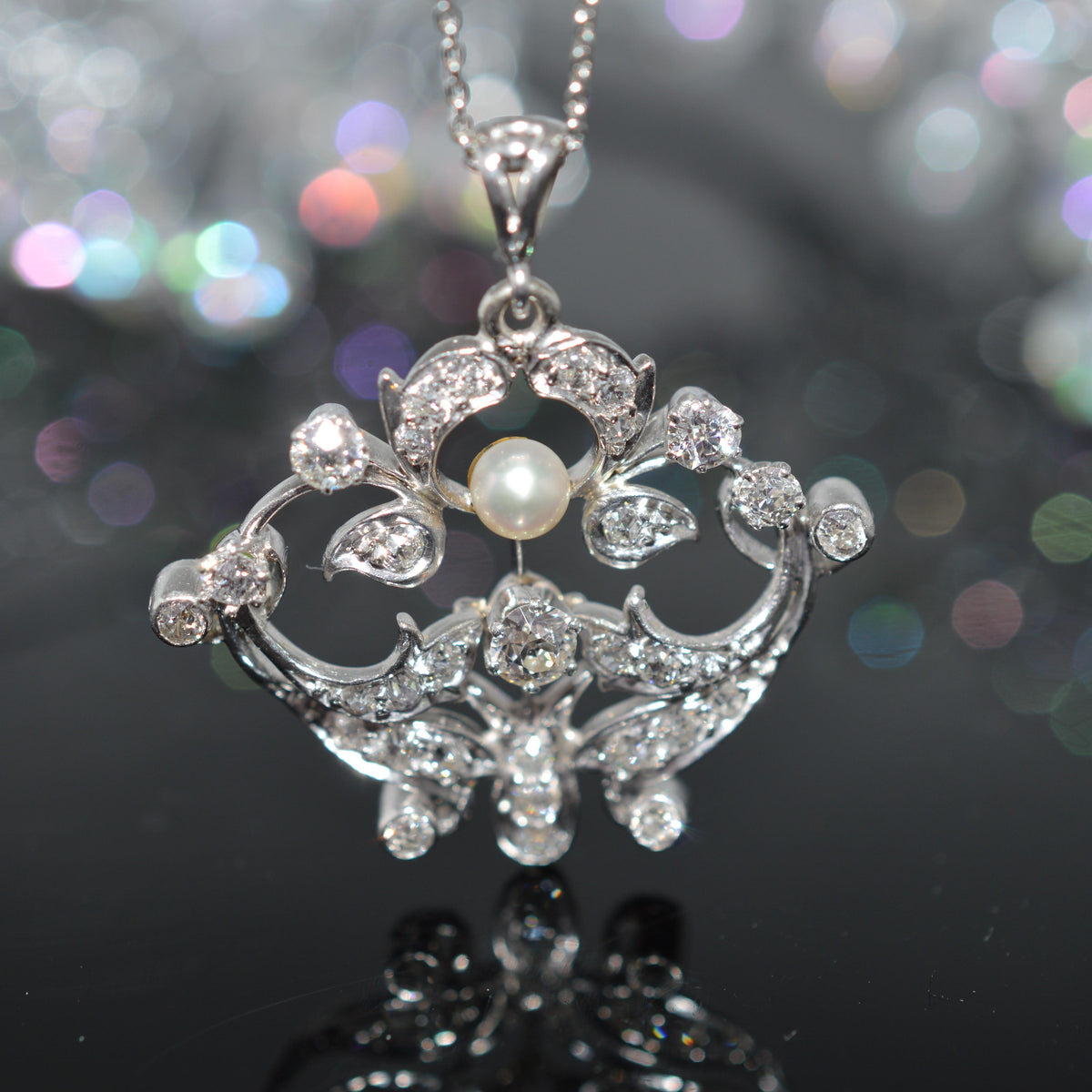 Platinum Antique Pearl & Diamond Pendant With Old Cut Diamonds