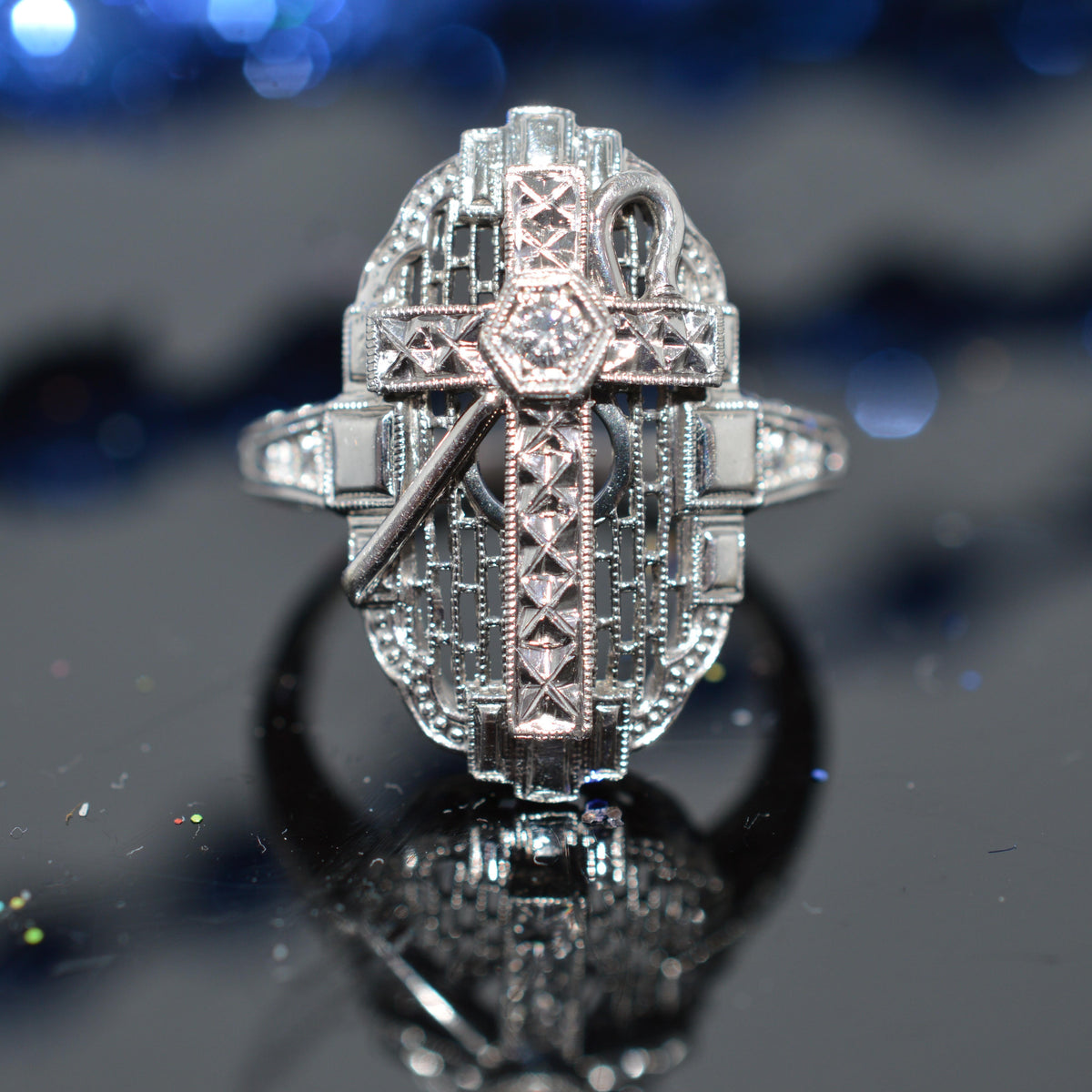 14K White Gold Filigree Ring With Cross, Shepherd's Crook, & Diamond