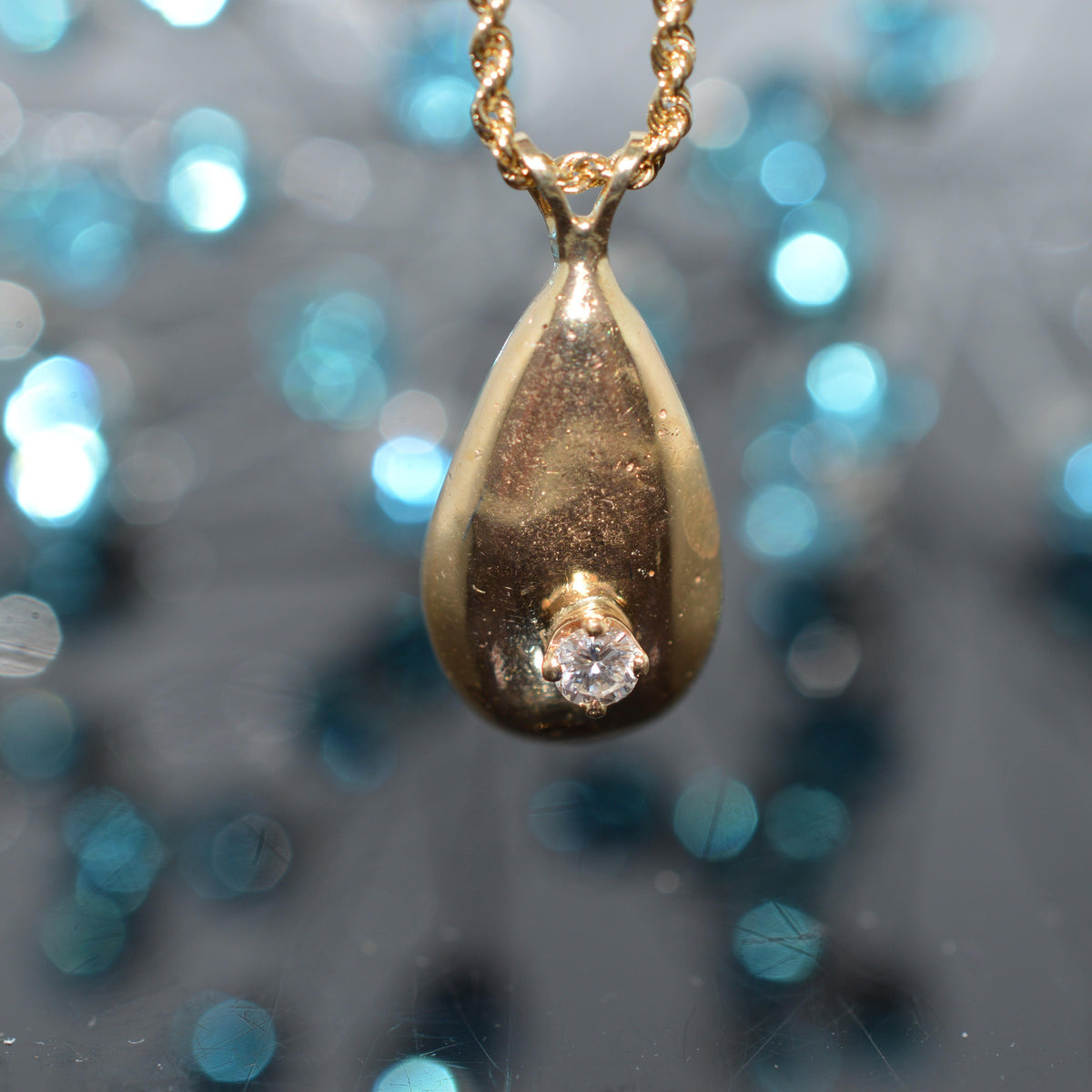 14K Yellow Gold Handmade Solid Teardrop Pendant With Diamond On Rope Chain