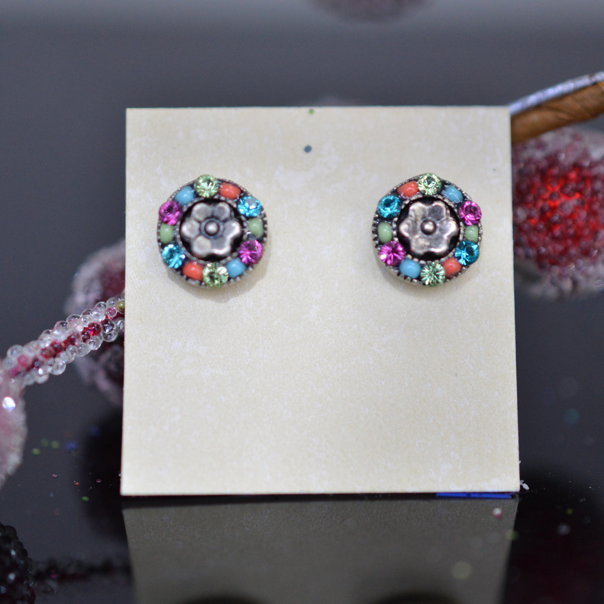 Antique Silver Plated Round Flower Stud Earrings With Multi-Color Crystals by Firefly