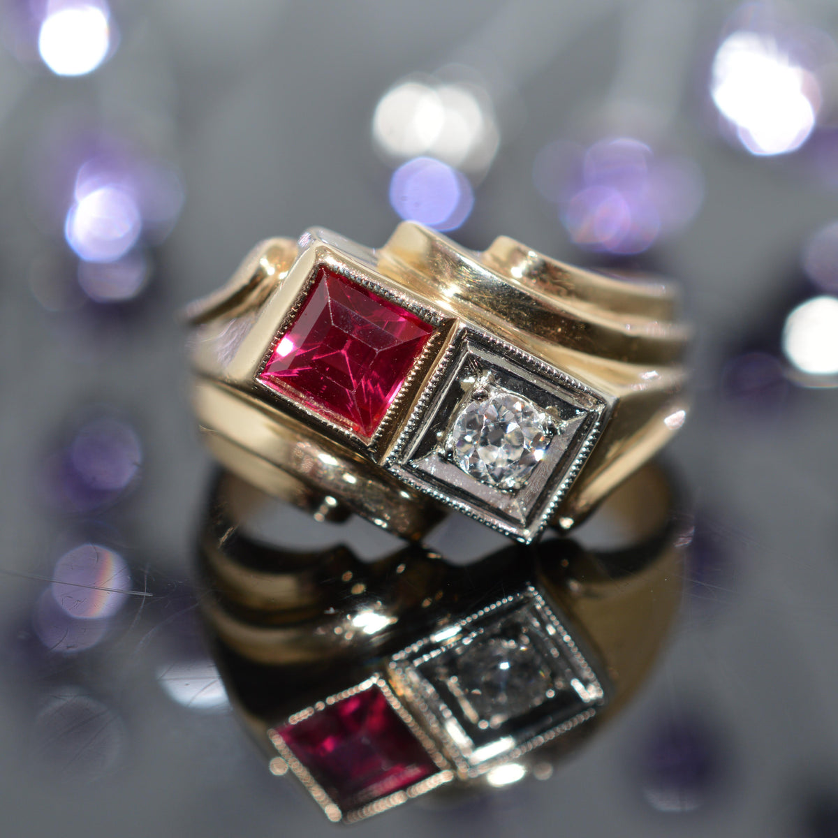 14K Yellow Gold Ring With Synthetic Ruby & Old Mine Cut Diamond