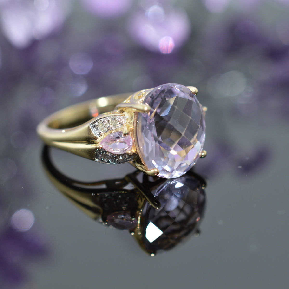 14K Yellow Gold Oval Amethyst, Pink Sapphire, & Diamond Ring