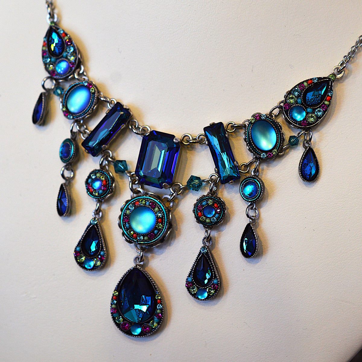 Antique Silver Plated Elaborate Kensington Necklace With Bermuda Blue Crystals by Firefly
