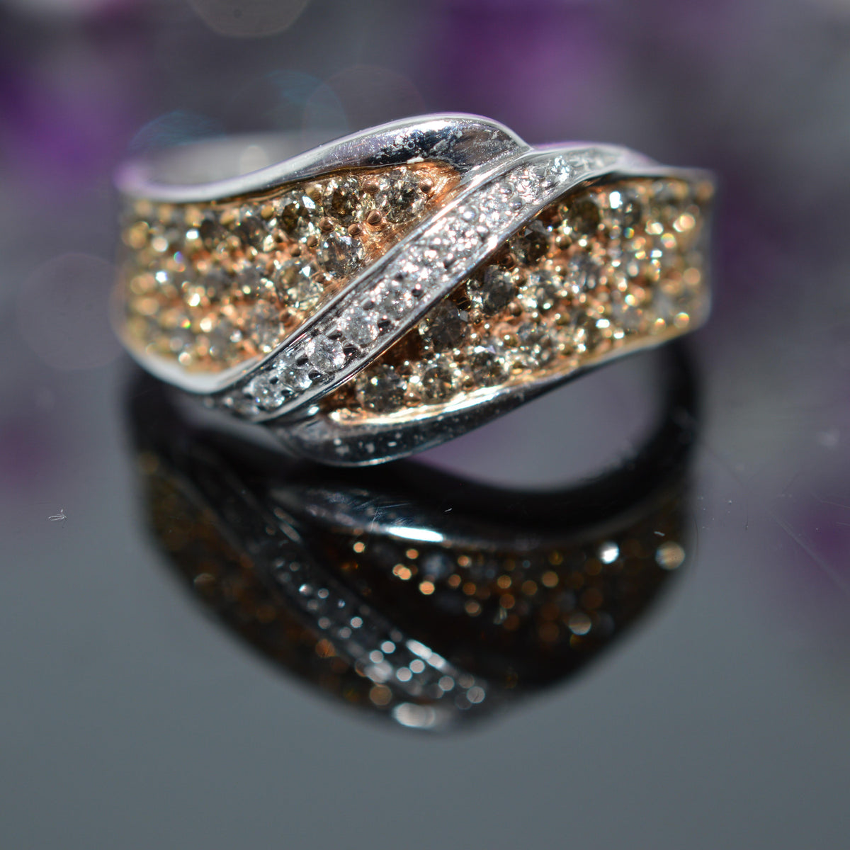 14K Rose & White Gold Diamond Fashion Ring With White & Champagne Diamonds
