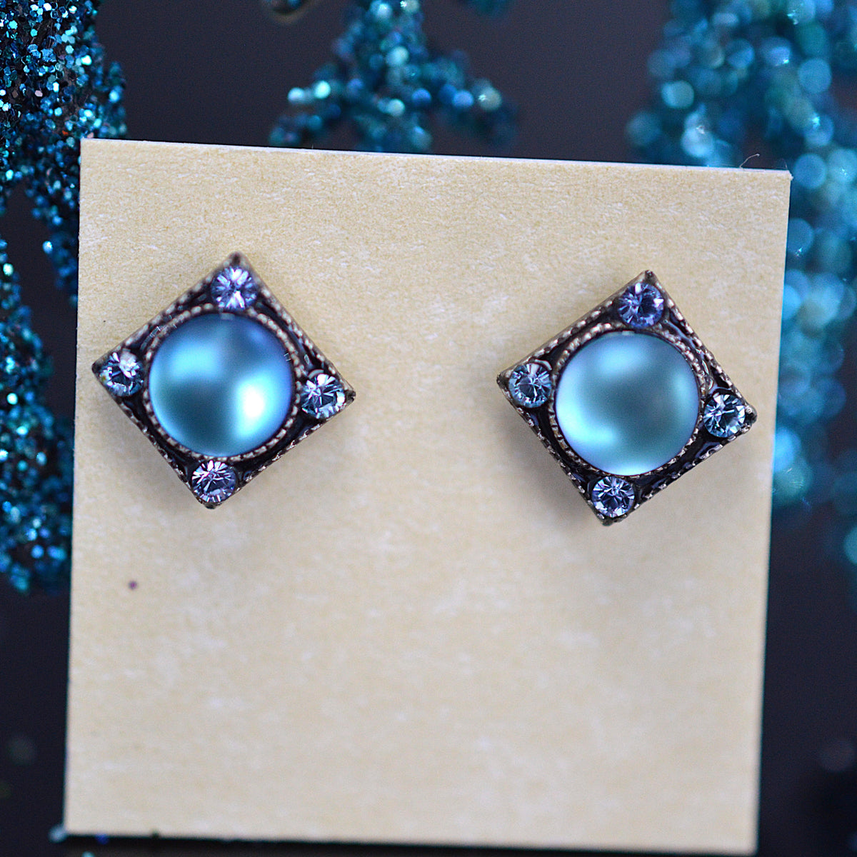Antique Silver Plated Moonlight Rainbow Stud Earrings With Light Blue Crystals by Firefly