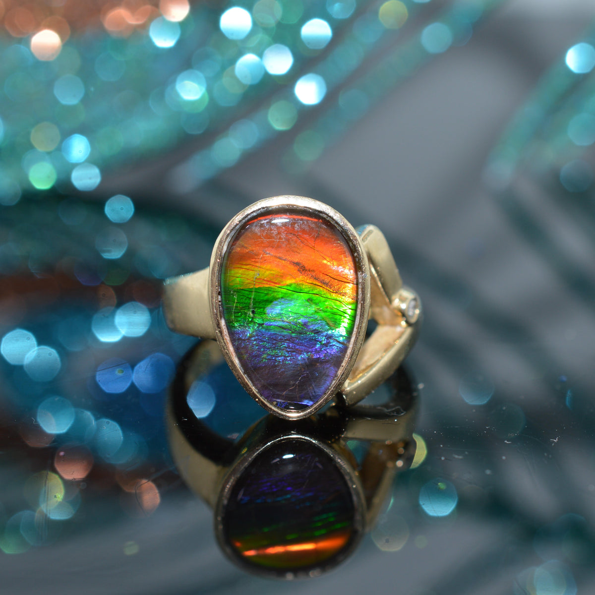 14K Yellow Gold Fossil Ammolite & Diamond Ring