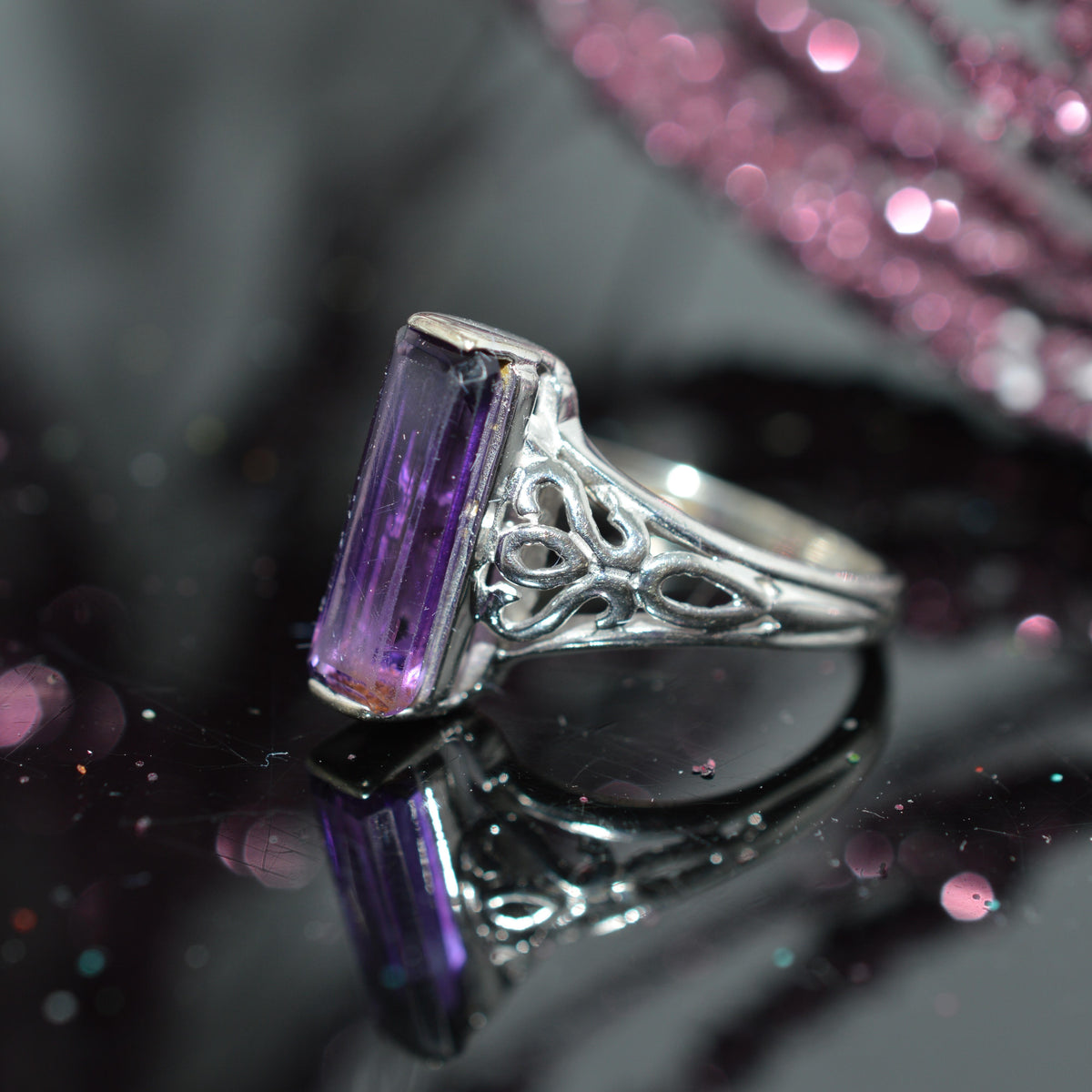 14K White Gold Ring With Long Baguette Cut Amethyst