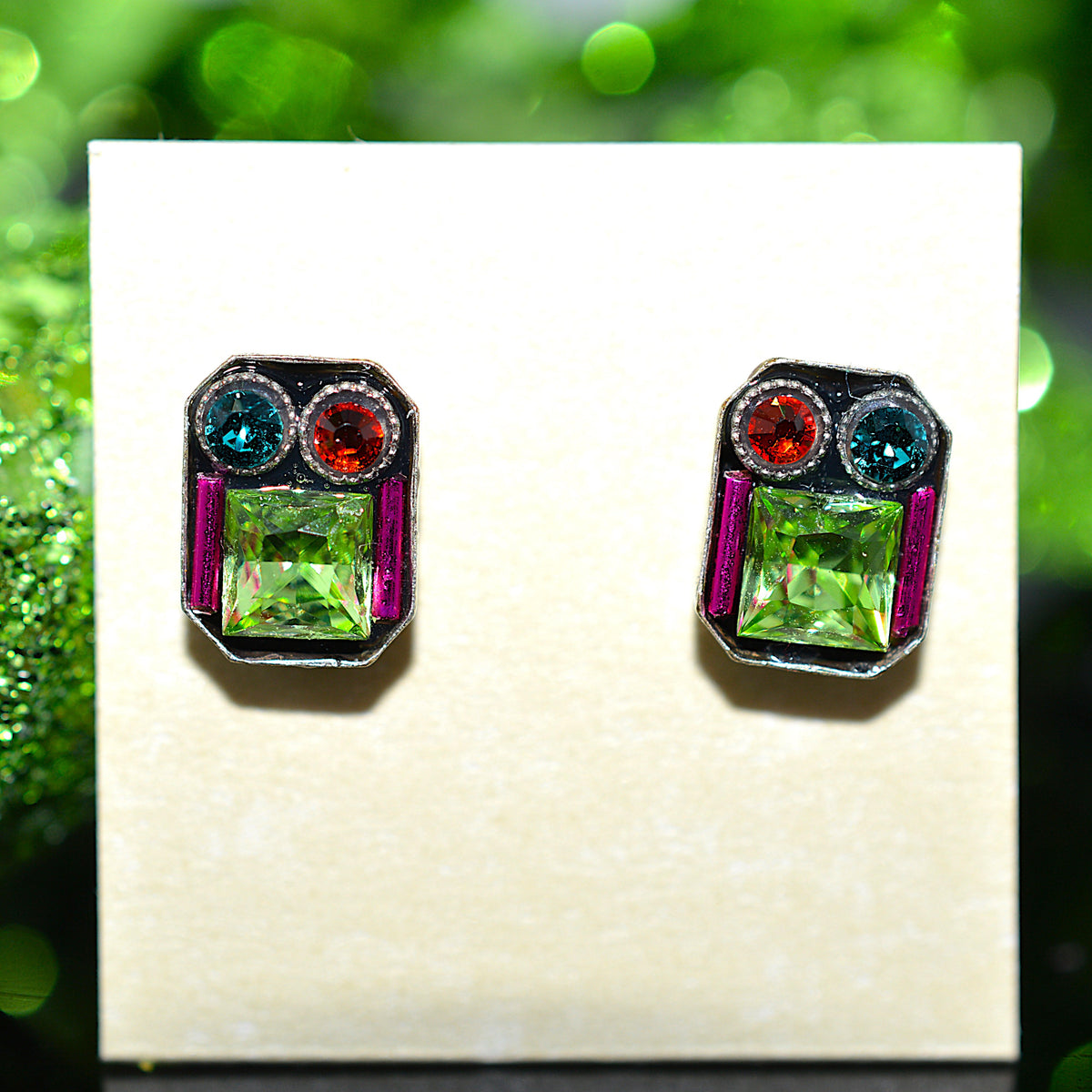 Antique Silver Plated Rectangular Architectural Stud Earrings With Peridot Crystals by Firefly