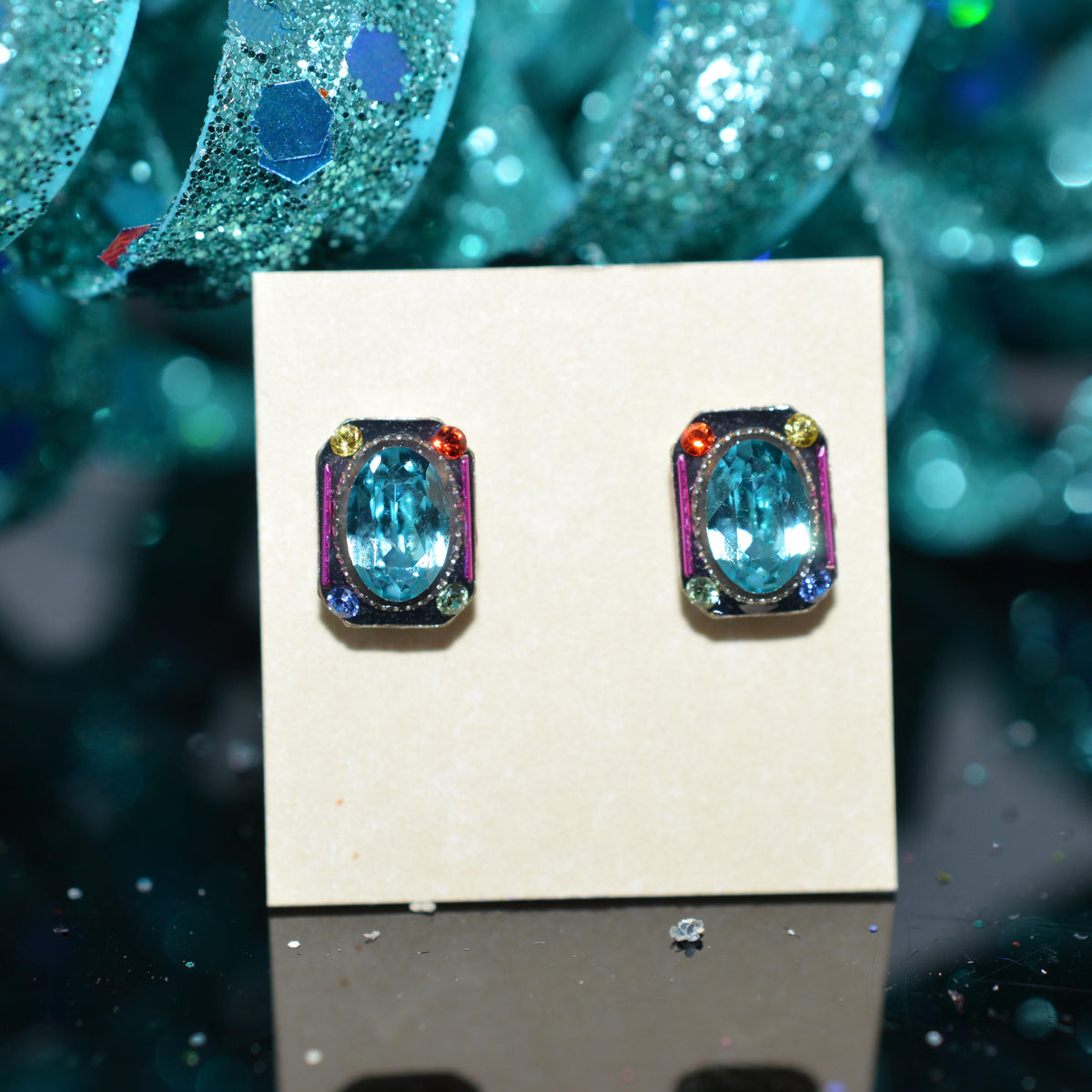 Antique Silver Plated Rectangular Stud Earrings With Oval Multi-Color Crystals by Firefly