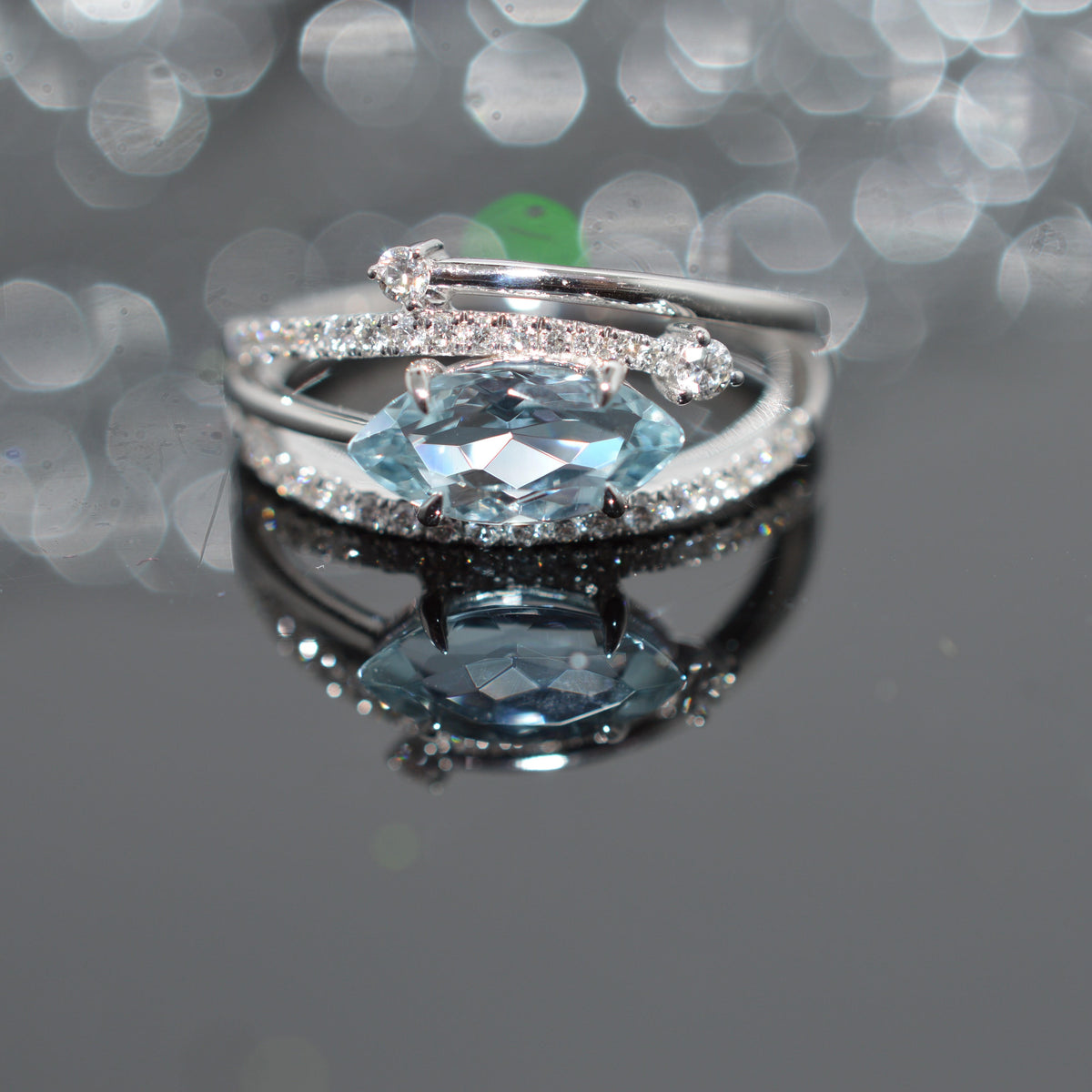 14K White Gold Contemporary Marquise Aquamarine & Diamond Ring