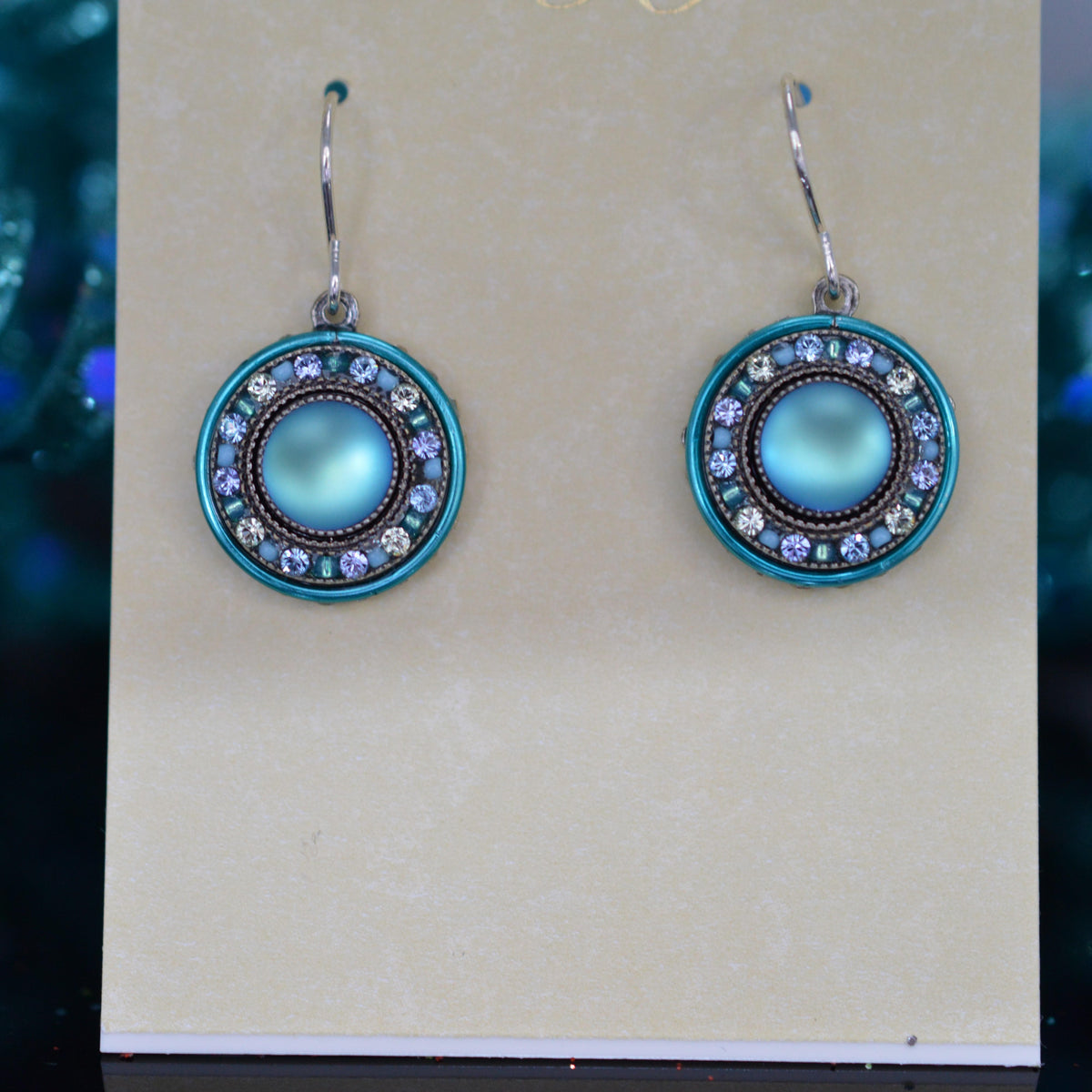 Antique Silver Plated Round La Dolce Vita Blue Crystal Earrings by Firefly