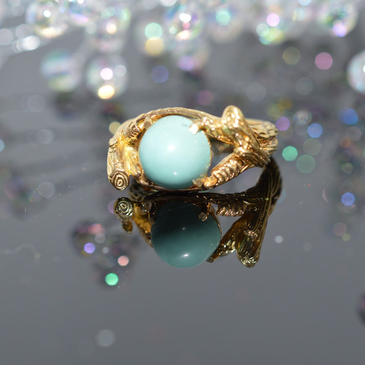 18K Yellow Gold Branch Design Ring With A Cabochon Turquoise