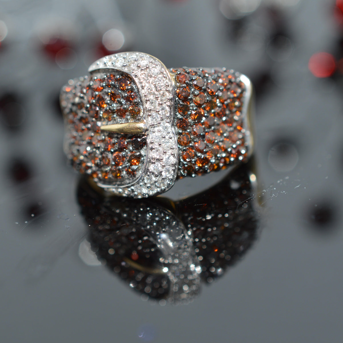 14K Two Tone Gold White & Reddish Brown Diamond Buckle Ring