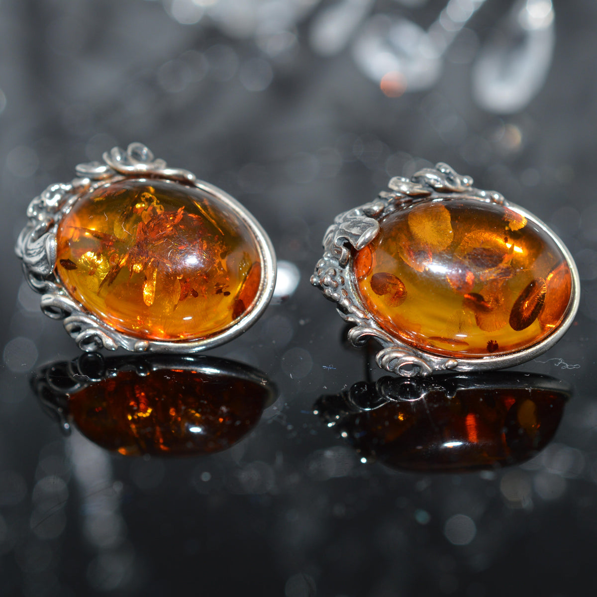 Sterling Silver Oval Baltic Amber Earrings