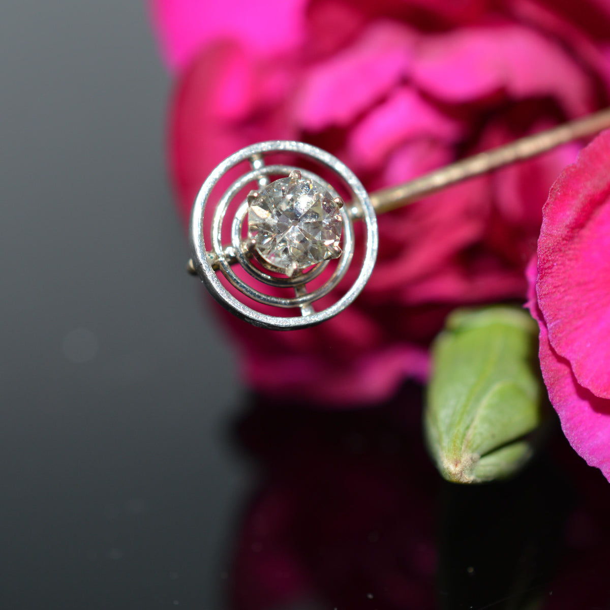 14K Yellow Gold Old European Cut Diamond Stickpin With Platinum Triple Halo