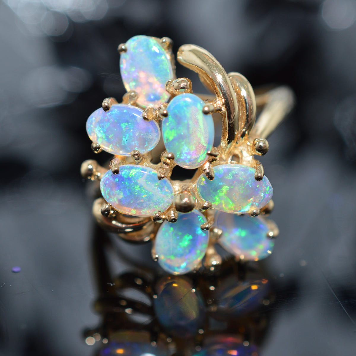 14K Yellow Gold 7 Oval Opal Cluster Ring