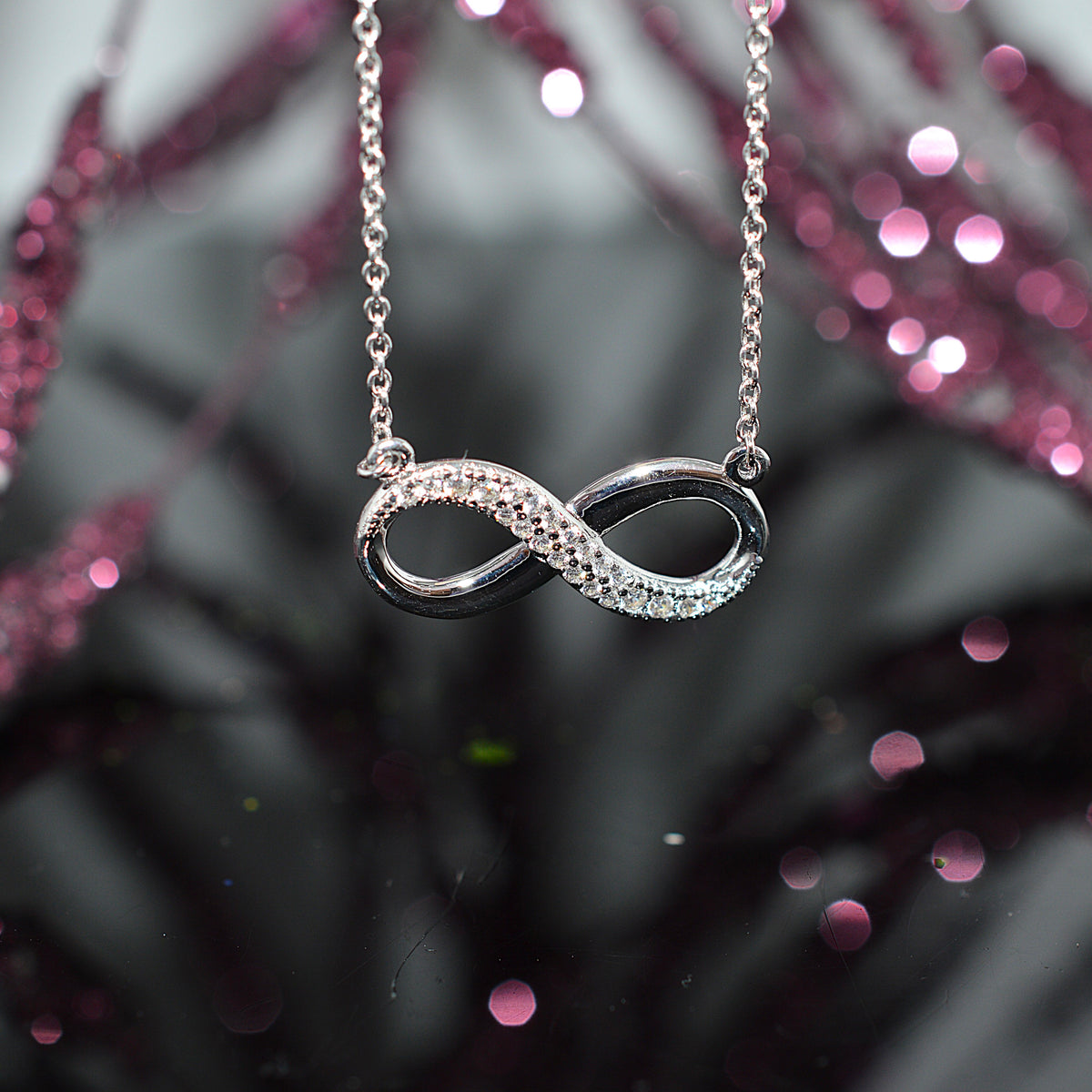 Sterling Silver Infinity Necklace With Simulated Diamonds