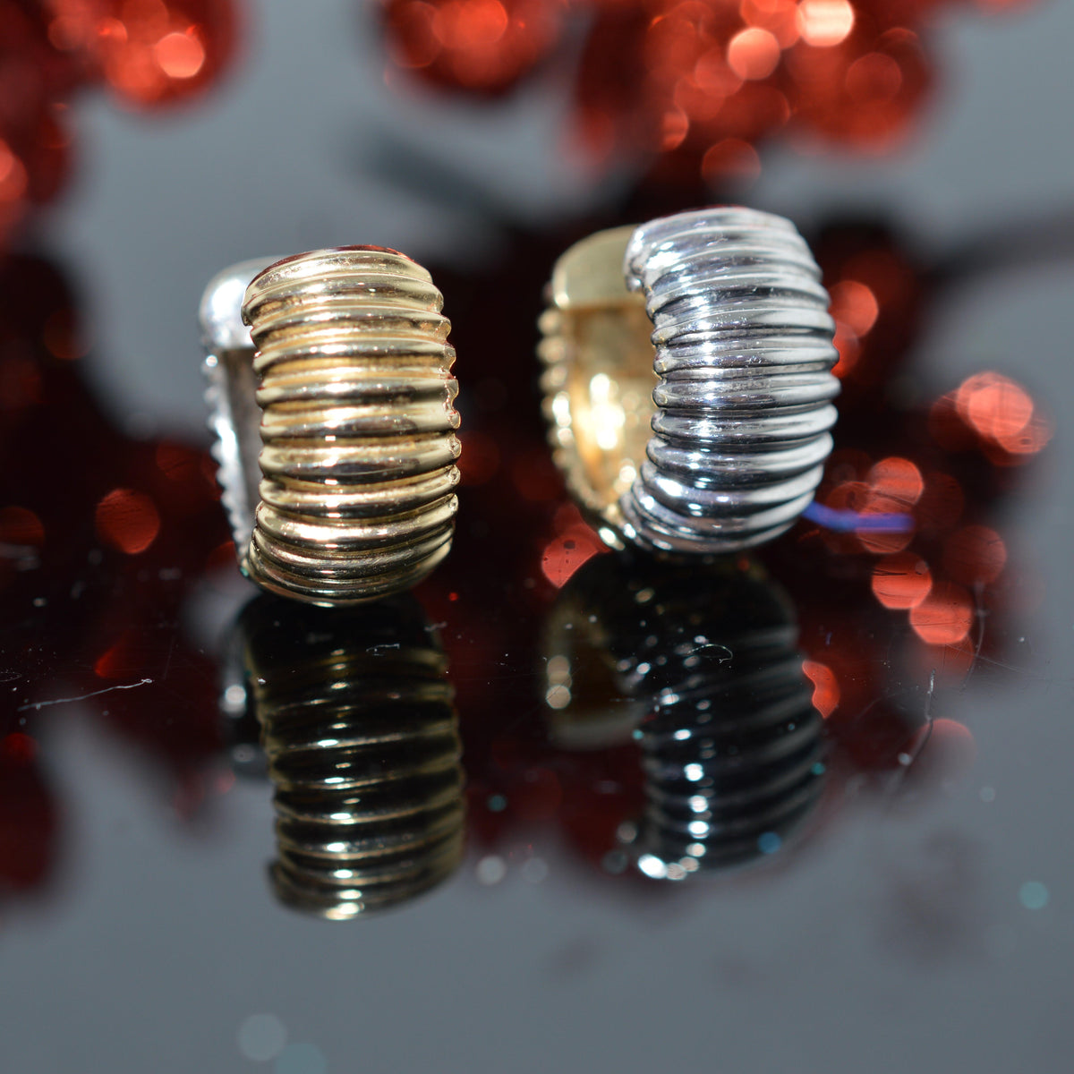 14K Two Tone Gold Reversible Ribbed Huggie Earrings