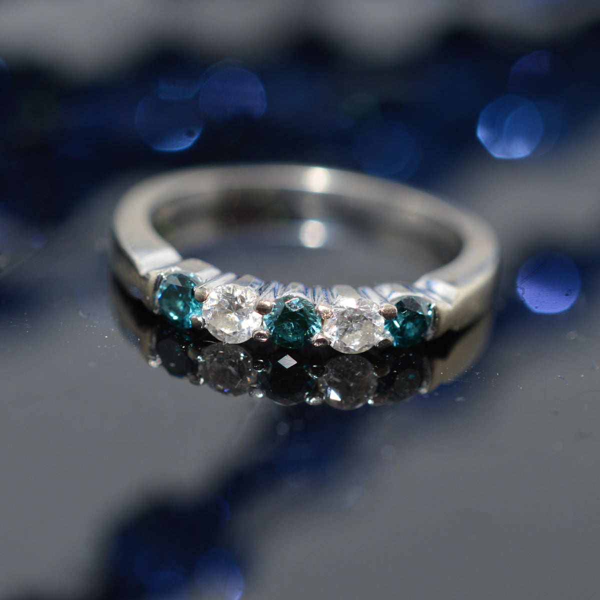 14K White Gold Blue & White Diamond Anniversary Ring