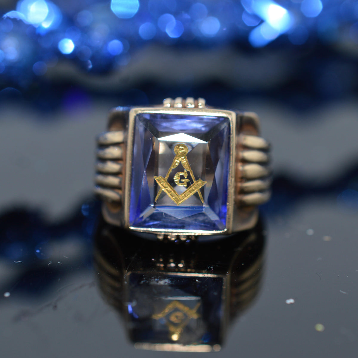 10K Yellow Gold Masonic Ring With Rectangular Synthetic Blue Spinel