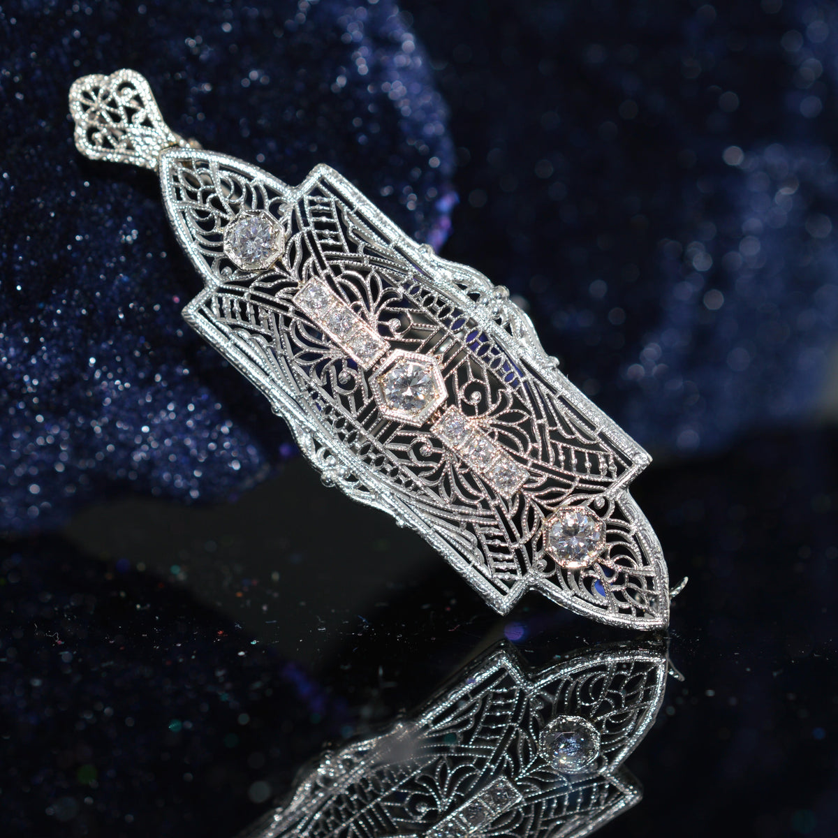14K White Gold Antique Filigree Diamond Pin & Pendant