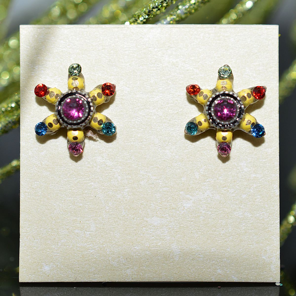 Antique Silver Plated Sun Flower Stud Earrings With Multi-Color Crystals by Firefly