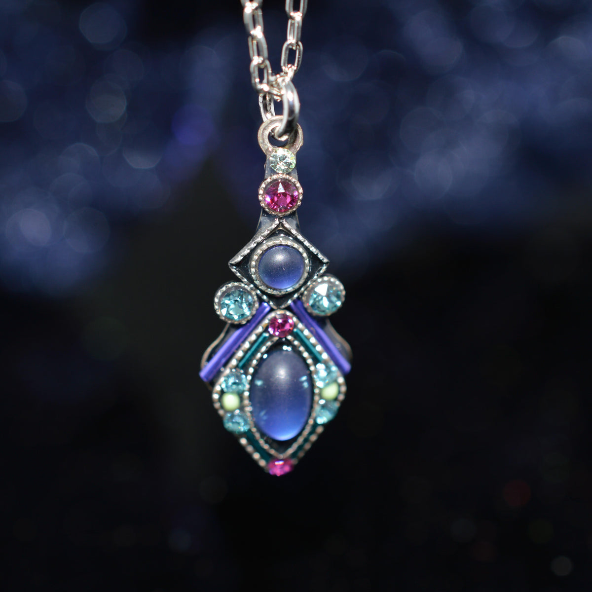 Antique Silver Plated Moonlight Tanzanite Colored Crystal Pendant by Firefly