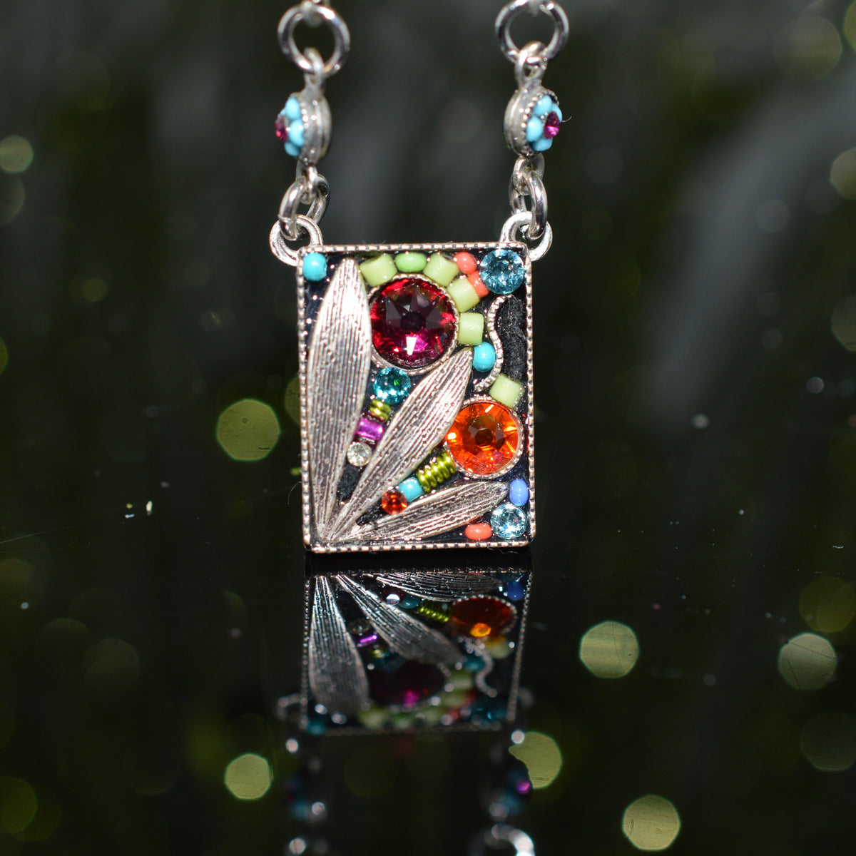 Antique Silver Plated Rectangular Luxe Leaf Crystal Pendant by Firefly