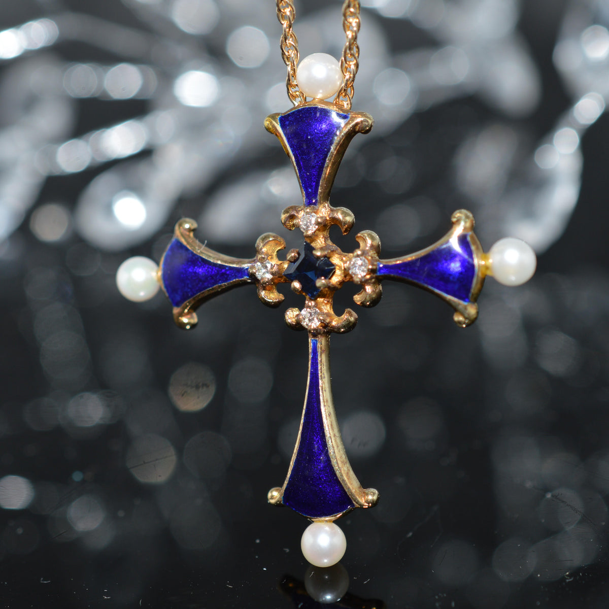 14K Yellow Gold Sapphire Midnight Cross Necklace by Igor Carl Faberge