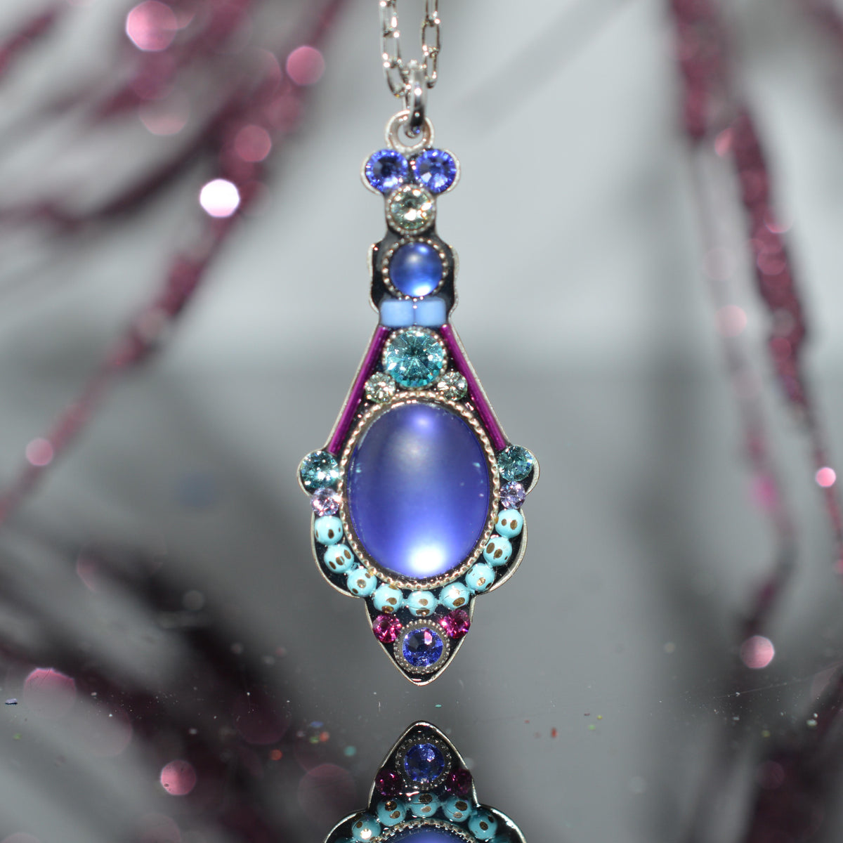 Antique Silver Plated Large Moonlight Tanzanite Colored Crystal Pendant by Firefly