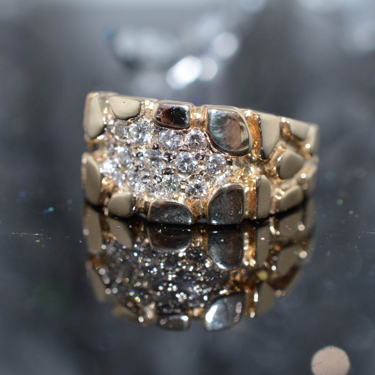 14K Yellow Gold Gents Diamond Cluster Nugget Ring