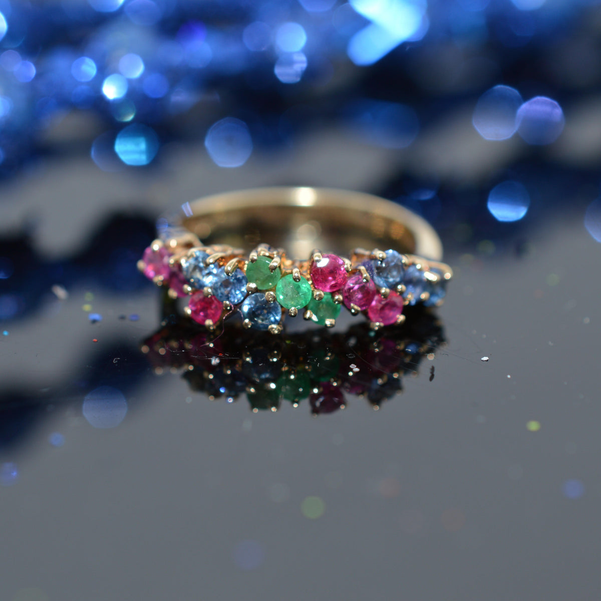14K Yellow Gold Ruby, Sapphire, & Emerald Diagonal Row Ring