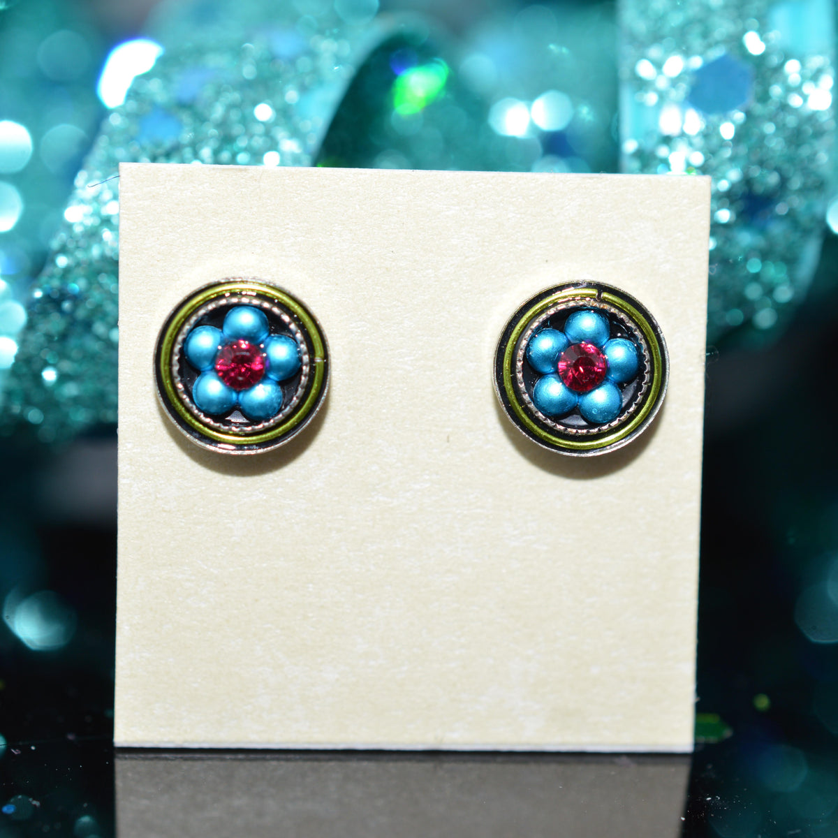 Antique Silver Plated Flower Stud Multi-Color Crystal Earrings by Firefly