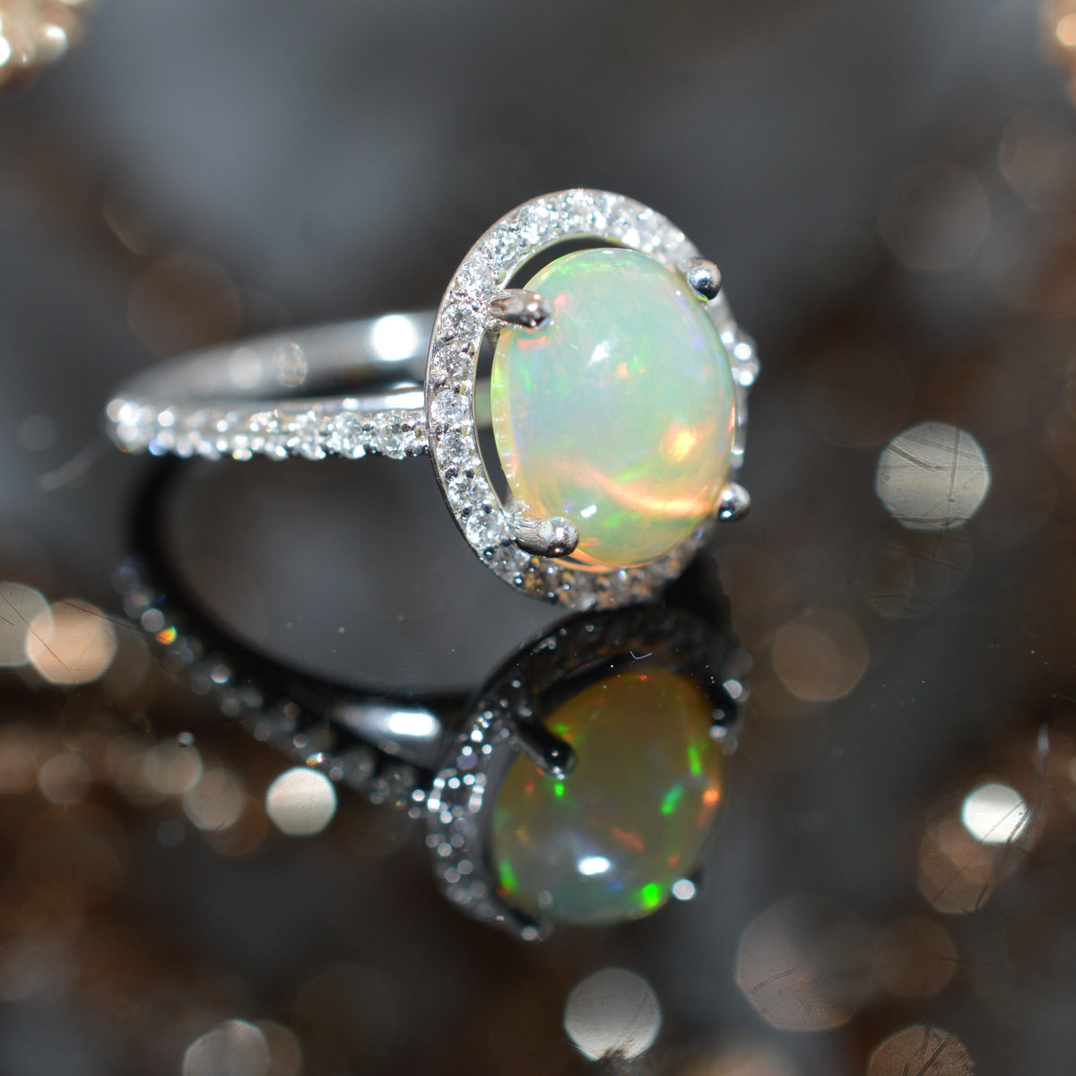14K White Gold Oval Ethiopian Opal & Diamond Ring