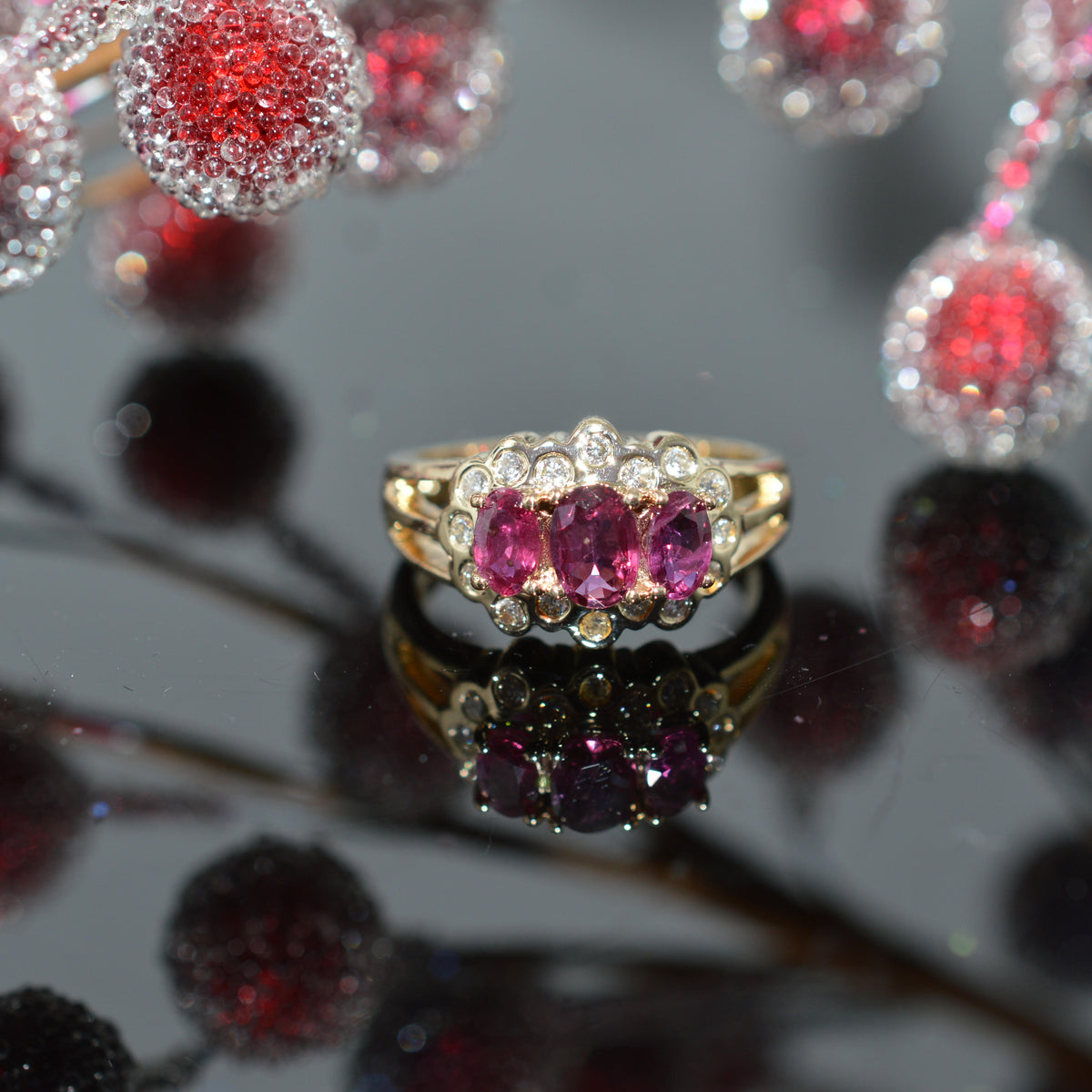 14K Yellow Gold 3 Oval Genuine Ruby & Diamond Ring