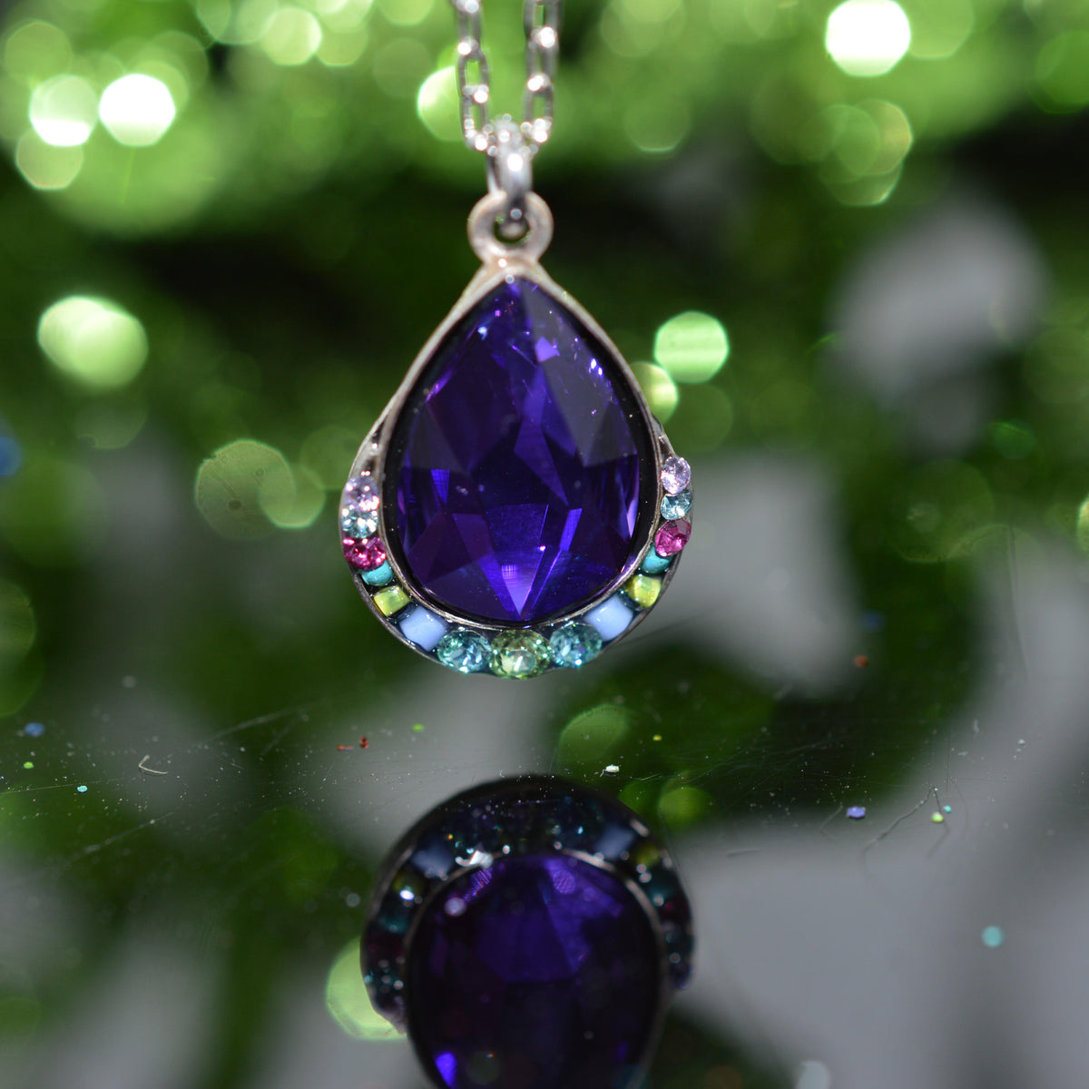 Antique Silver Plated Carmel Drop Purple Crystal Pendant by Firefly