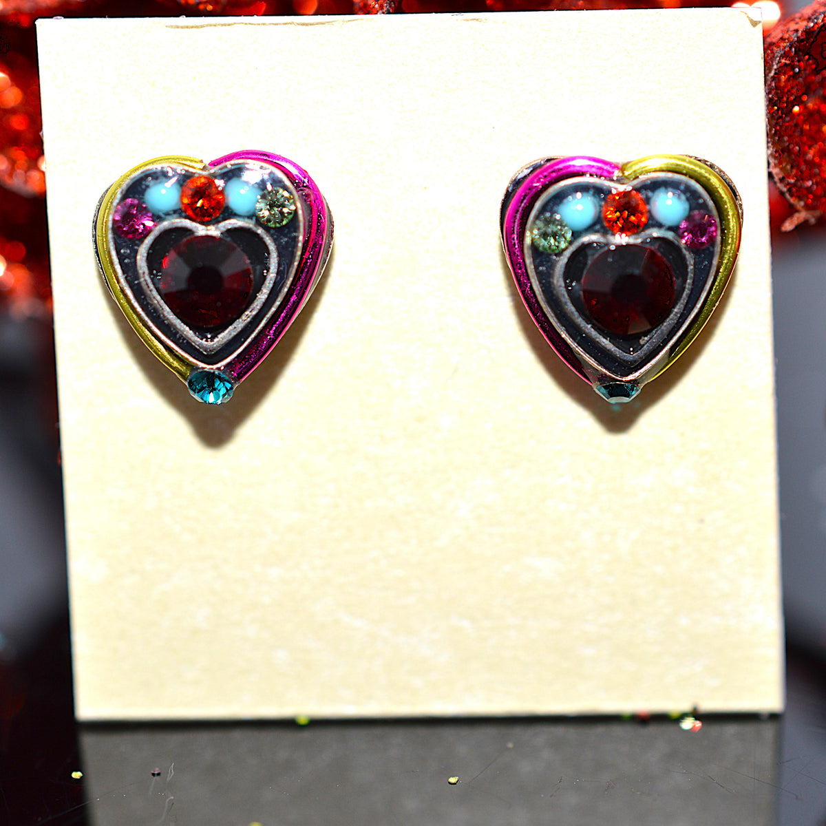 Antique Silver Plated Mini Heart Stud Earrings With Multi-Color Crystals by Firefly