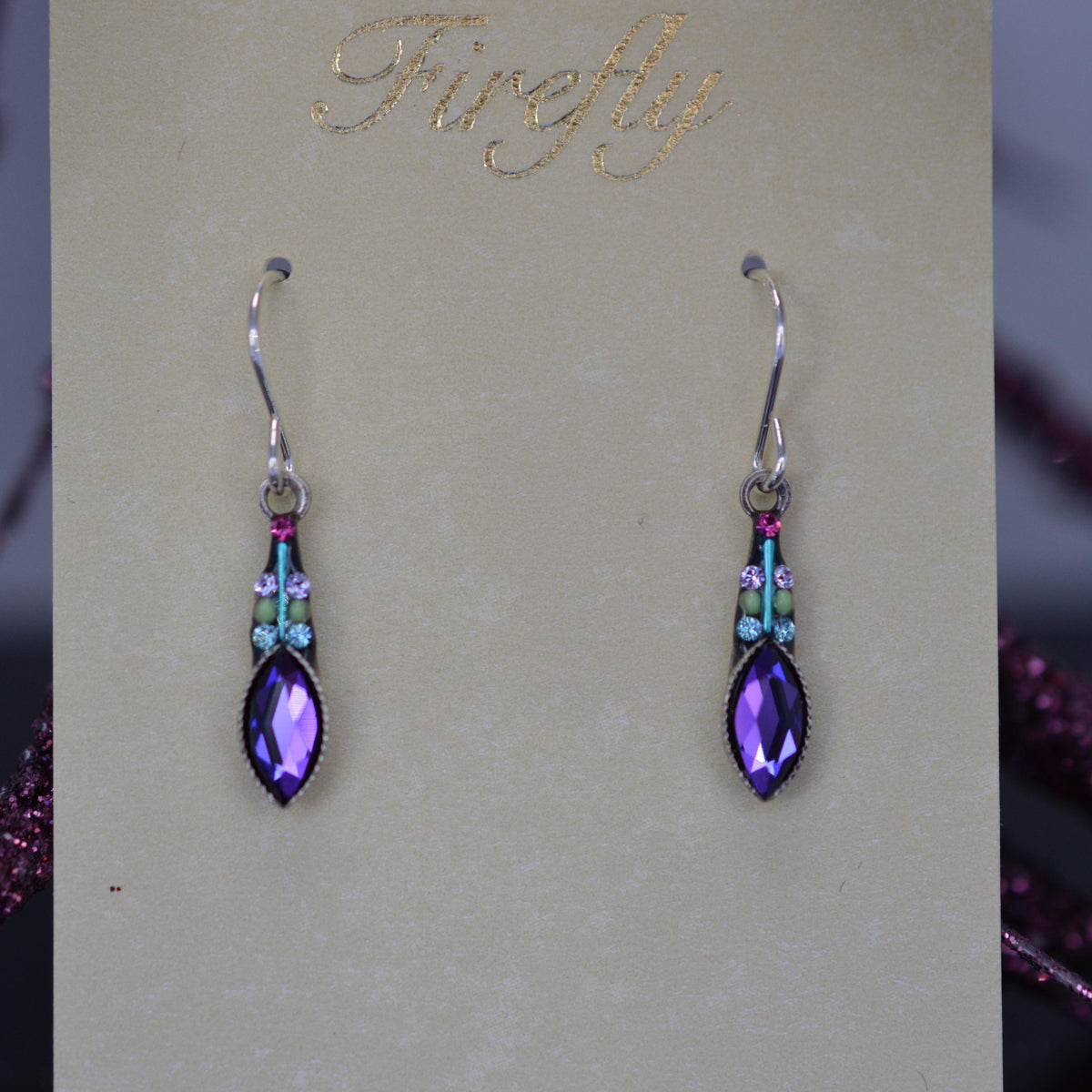 Antique Silver Plated Carmel Small Drop Purple Crystal Earrings by Firefly