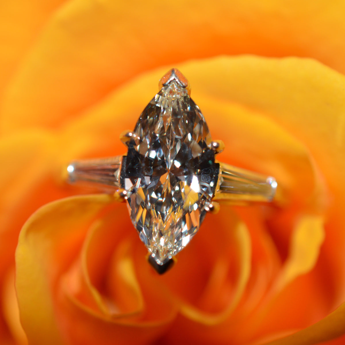 14K White Gold 1.50 Carat Marquise Diamond Ring With Baguette Diamonds